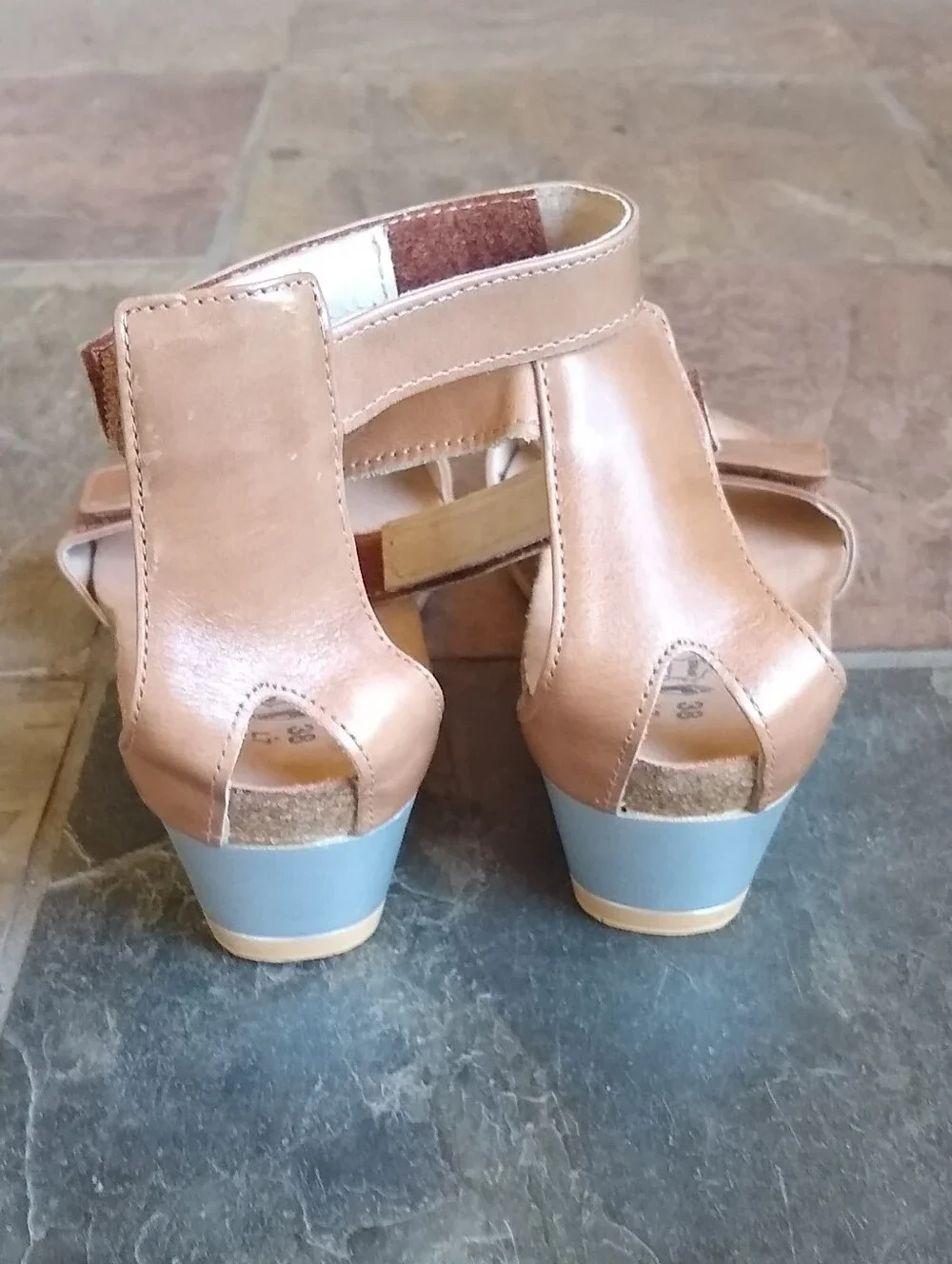 Naot Tan Leather Ankle-Strap Wedge Sandals with Cork Footbed